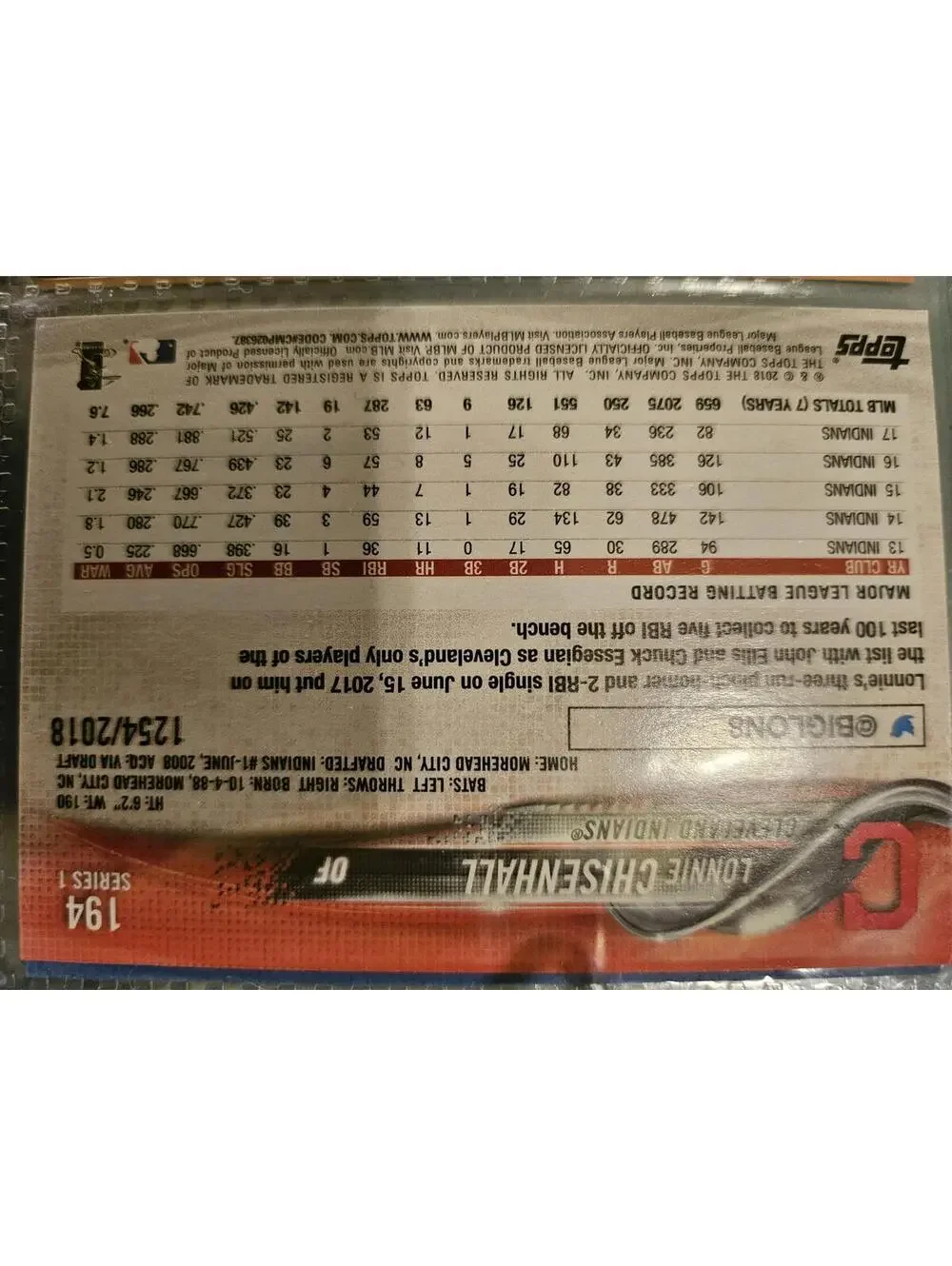 2018 Topps GOLD insert - Lonnie Chisenhall - No.1254/2018  #194 - Indians -Mint
